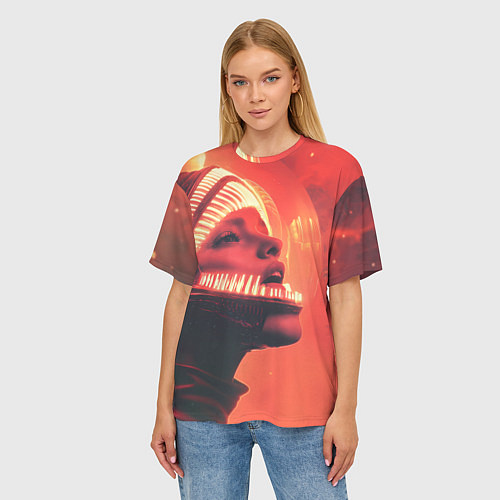 Женская футболка оверсайз Скафандр Чужого на девушке / 3D-принт – фото 3