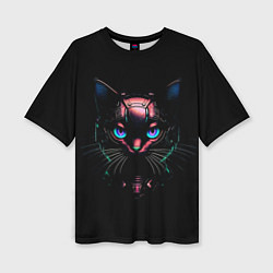 Футболка оверсайз женская Cyber cat неоновые глаза, цвет: 3D-принт