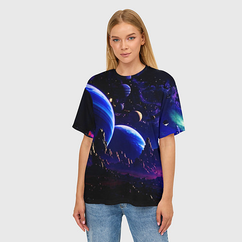 Женская футболка оверсайз Фантастический космос тёмно-синий / 3D-принт – фото 3