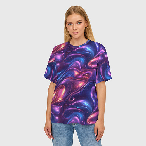 Женская футболка оверсайз Абстрактные волны и завитки - сине-фиолетовый патт / 3D-принт – фото 3