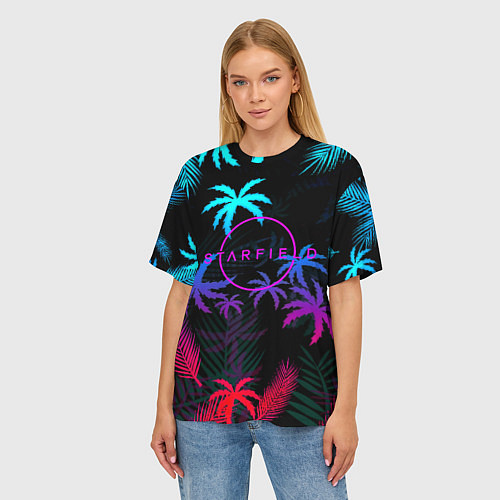 Женская футболка оверсайз Starfield неоновые тропики / 3D-принт – фото 3