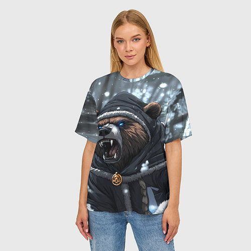 Женская футболка оверсайз Зима - русский медведь / 3D-принт – фото 3