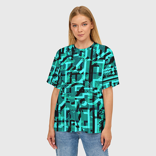 Женская футболка оверсайз Неоновый голубой объёмный эффект / 3D-принт – фото 3