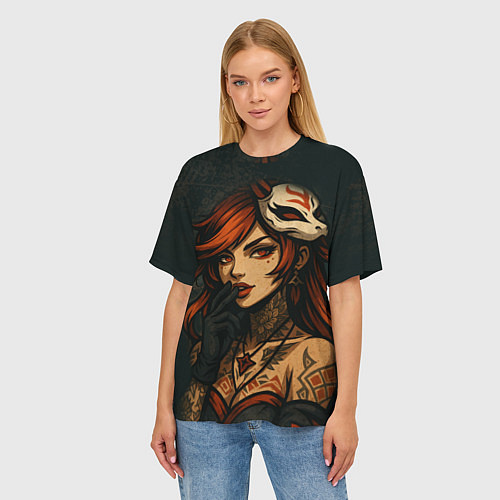 Женская футболка оверсайз Рыжая девушка с маской лисы дерзкий стиль / 3D-принт – фото 3