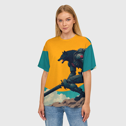 Женская футболка оверсайз Киберчеловек-волк / 3D-принт – фото 3