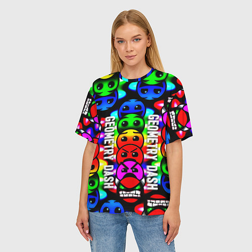 Женская футболка оверсайз Geometry dash neon gradient / 3D-принт – фото 3