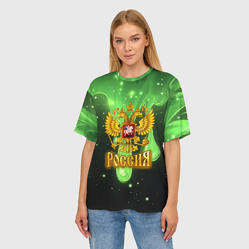 Женская футболка оверсайз Герб России - неоновый фон / 3D-принт – фото 3
