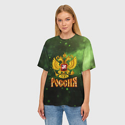 Футболка оверсайз женская Герб России на зеленом с частицами фоне, цвет: 3D-принт — фото 2
