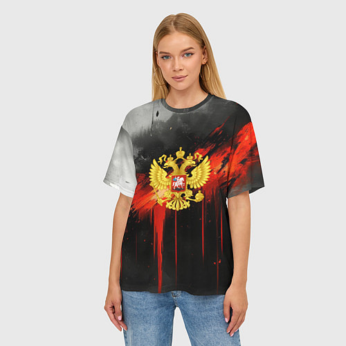 Женская футболка оверсайз Герб России - красная краска на черном / 3D-принт – фото 3