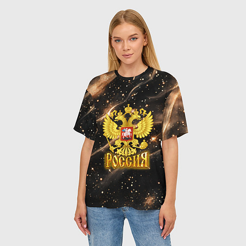 Женская футболка оверсайз Герб России на золотом песке / 3D-принт – фото 3