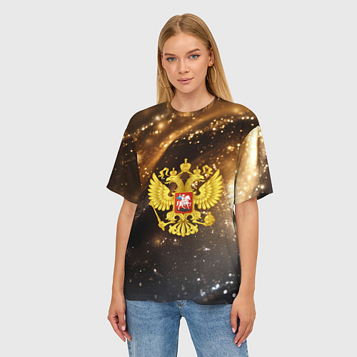 Женская футболка оверсайз Герб России на фоне золотой пыли / 3D-принт – фото 3