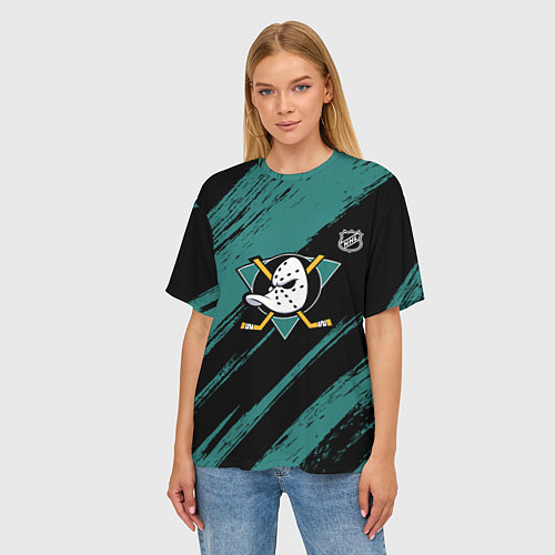 Женская футболка оверсайз Анахайм Дакс - зеленая краска / 3D-принт – фото 3