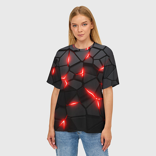 Женская футболка оверсайз Красная неоновая броня / 3D-принт – фото 3