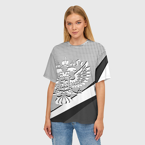 Женская футболка оверсайз Герб России серый текстурный / 3D-принт – фото 3