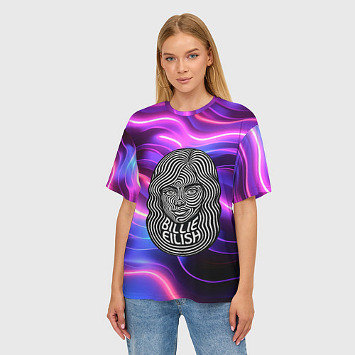 Женская футболка оверсайз Портрет Билли Айлиш из линий / 3D-принт – фото 3