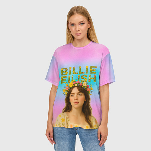 Женская футболка оверсайз Билли Айлиш с цветочным венком на голове / 3D-принт – фото 3