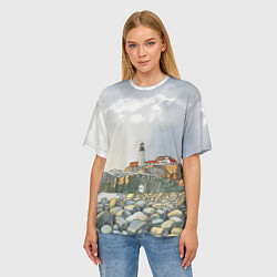 Футболка оверсайз женская Маяк и камни на пляже - акварельный рисунок, цвет: 3D-принт — фото 2