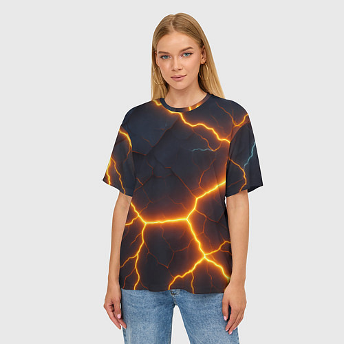 Женская футболка оверсайз Молнии и черные объемные плиты / 3D-принт – фото 3