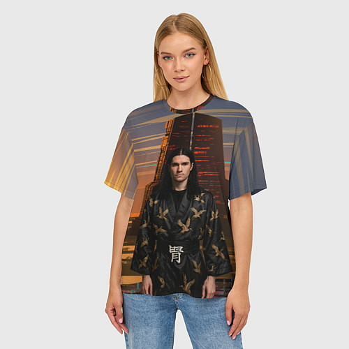 Женская футболка оверсайз Bones в халате с журавлями / 3D-принт – фото 3