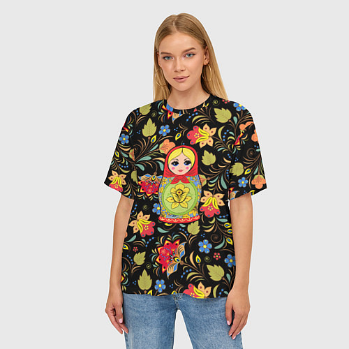 Женская футболка оверсайз Хохломская роспись с русской матрёшкой / 3D-принт – фото 3