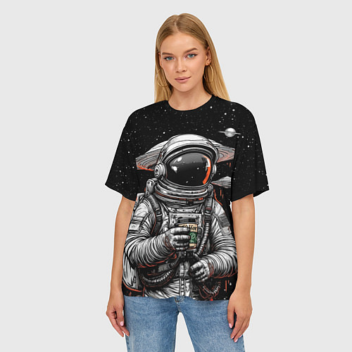 Женская футболка оверсайз Космонавт с кофе / 3D-принт – фото 3