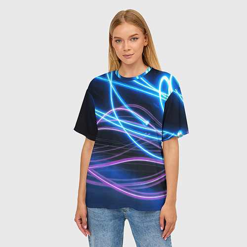 Женская футболка оверсайз Неоновая абстракция на темном / 3D-принт – фото 3