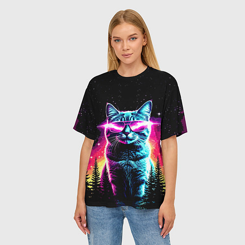 Женская футболка оверсайз Космический кот в очках / 3D-принт – фото 3