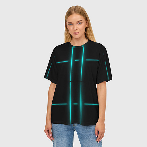 Женская футболка оверсайз Neon black light blue line / 3D-принт – фото 3