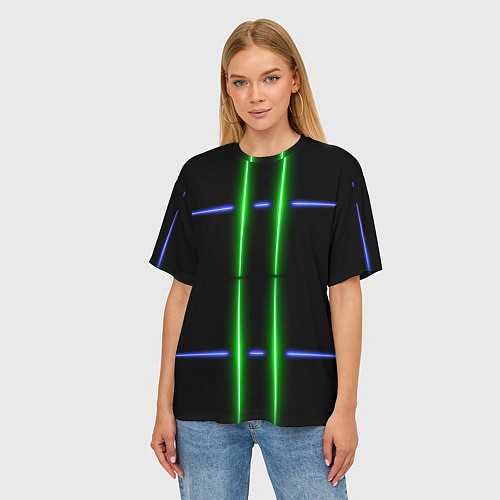 Женская футболка оверсайз Neon black light blue green line / 3D-принт – фото 3