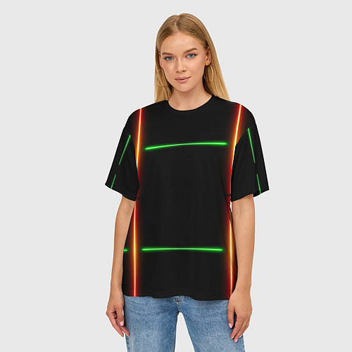 Женская футболка оверсайз Color black green orange lines / 3D-принт – фото 3
