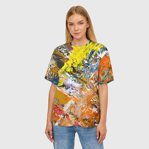 Женская футболка оверсайз Живая Абстракция: Поток Цветов и Форм в Постоянном / 3D-принт – фото 3
