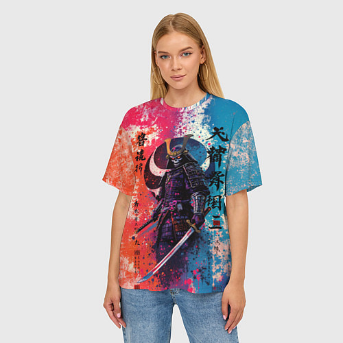 Женская футболка оверсайз Призрачный самурай - краски / 3D-принт – фото 3