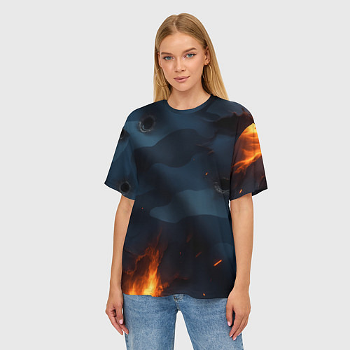 Женская футболка оверсайз Разорванный синий камуфляж с огнем / 3D-принт – фото 3