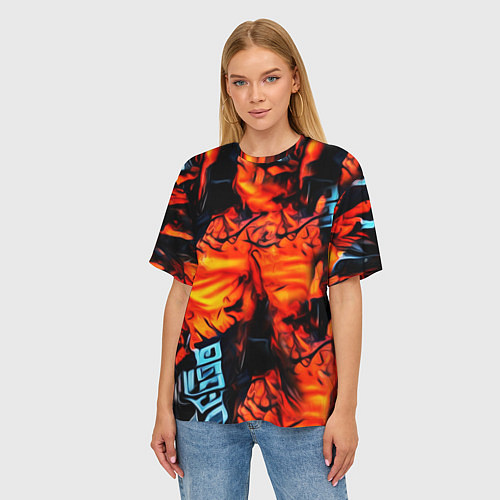 Женская футболка оверсайз Абстрактная текстура рыжего пламени / 3D-принт – фото 3