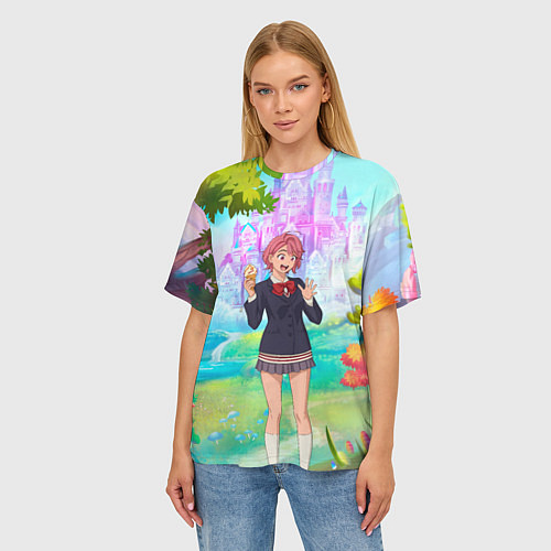 Женская футболка оверсайз Дандадан Сиратори Айра держит мороженое / 3D-принт – фото 3