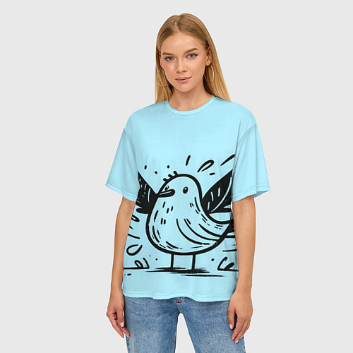 Женская футболка оверсайз Чайка в стиле скетча / 3D-принт – фото 3