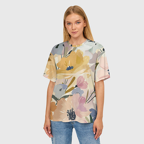 Женская футболка оверсайз Цветы акварель / 3D-принт – фото 3