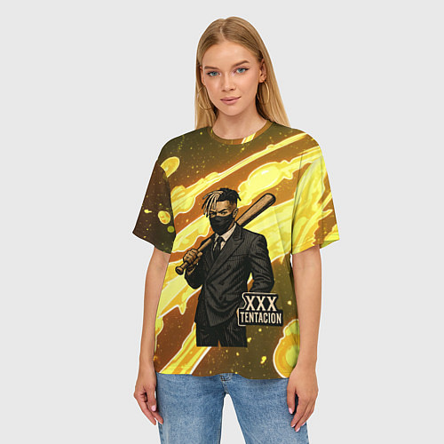 Женская футболка оверсайз XXXTentacion в пиджаке с битой / 3D-принт – фото 3