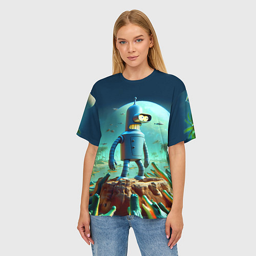 Женская футболка оверсайз Роботу-сгибальщику Бендеру по-барабану стая крокод / 3D-принт – фото 3