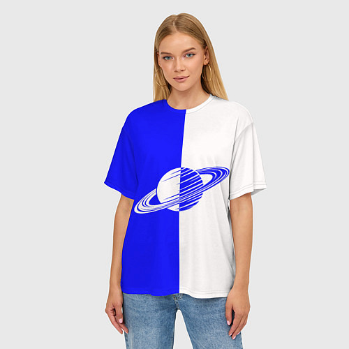 Женская футболка оверсайз Сатурн сине-белый / 3D-принт – фото 3