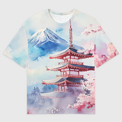 Футболка оверсайз женская Японская архитектура и гора, цвет: 3D-принт