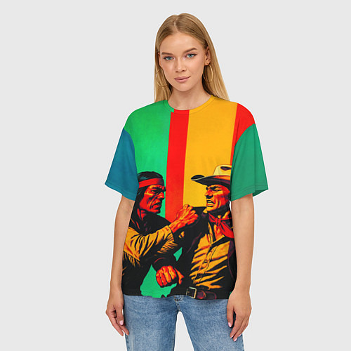 Женская футболка оверсайз Ковбой против индейца поп-арт / 3D-принт – фото 3