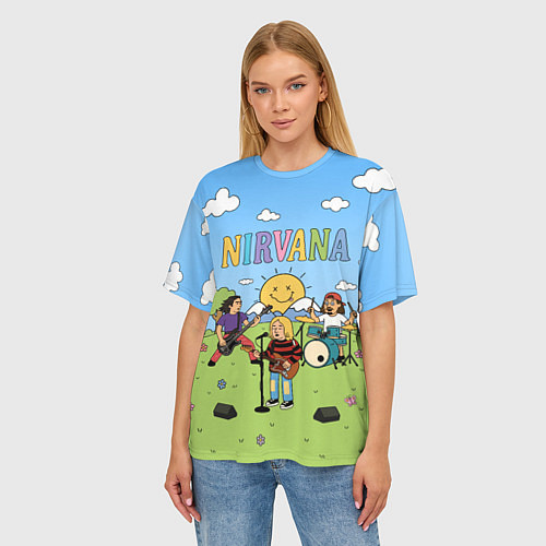 Женская футболка оверсайз Nirvana мультяшный стиль на поляне / 3D-принт – фото 3