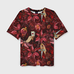Футболка оверсайз женская Бордовая готика с сердцем, лилиями и мотыльками, цвет: 3D-принт