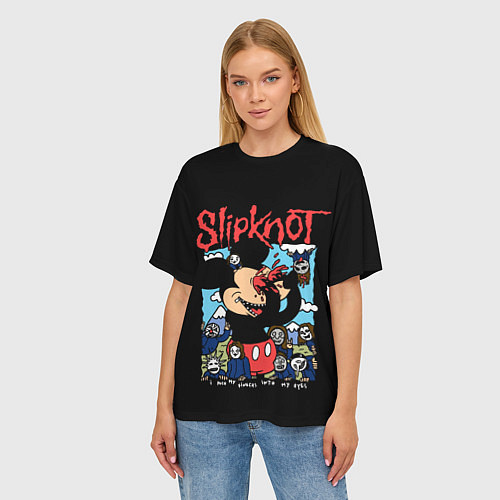 Женская футболка оверсайз Слипкнот и Микки Маус - I push my fingers into my / 3D-принт – фото 3