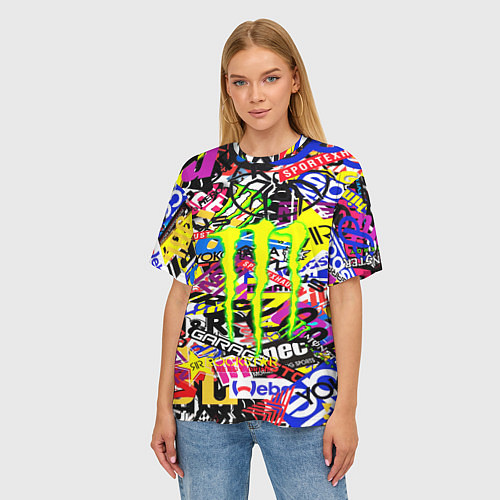 Женская футболка оверсайз Monster energy бренды стикеры / 3D-принт – фото 3