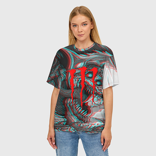 Женская футболка оверсайз Monster energy glitch / 3D-принт – фото 3