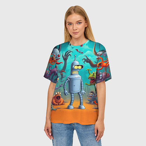 Женская футболка оверсайз Робот-сгибальщик Бендер в окружении монстров / 3D-принт – фото 3
