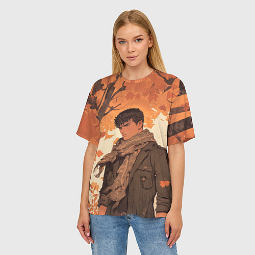 Женская футболка оверсайз Берсерк Гатс в клетчатом шарфе / 3D-принт – фото 3