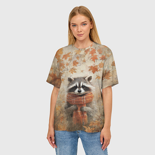 Женская футболка оверсайз Осенней енот в шарфе / 3D-принт – фото 3